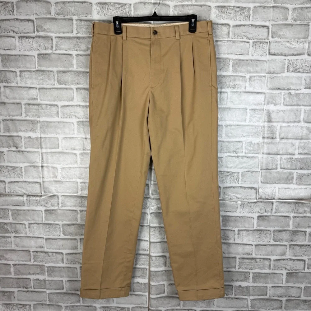 Brooks Brothers Elliot Advantage Chino Khaki Pleated Cuffed Pants Mens 34x32
